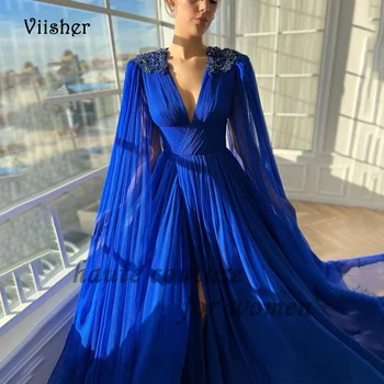 Царско синьо шифоновые рокли за бала с цепка, наметало от мъниста, вечерна рокля без ръкави, празнична рокля за феи трапецовидна форма
