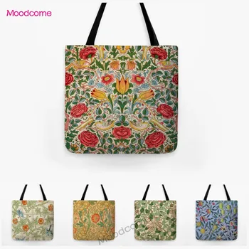 Чанта за пазаруване с растително цветя модел William Morris, Водоустойчив Памучен Бельо Холщовая чанта през рамо, Оранжево-лилава чанта