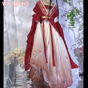 Червена рокля Vestido Hanfu в китайски стил, с червена рокля в стил ретро, дамски дълга пола с традиционна принтом, комплект от 5 теми, елегантна пола за партита за момичета, комплект