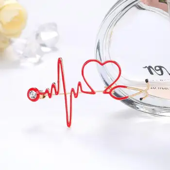 Червени брошки с сърдечния ритъм, Емайл Електрокардиограма, стетоскоп, игли за брошки 