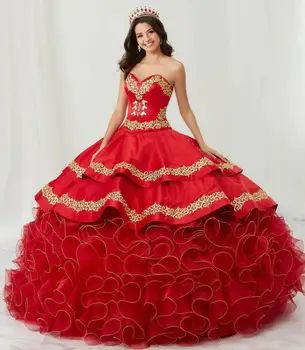 Червени рокли Charro Quinceanera Бална рокля Мила Апликации от Органза Мексико сладостта на 16 рокли 15 Anos