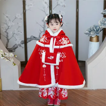 Червено гъст палто, наметало с качулка Hanfu, скъпа зимни ветрозащитная наметало за момичета, детски цветна бродерия, Китайски Подарък за Нова година