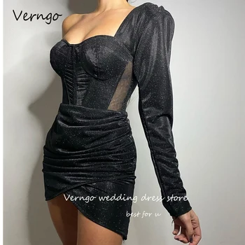 Черни блестящи рокли за бала Verngo, лъскава Мини рокли за арабския нощно дейности с дълъг ръкав с едно рамо, вечерни коктейлни рокли