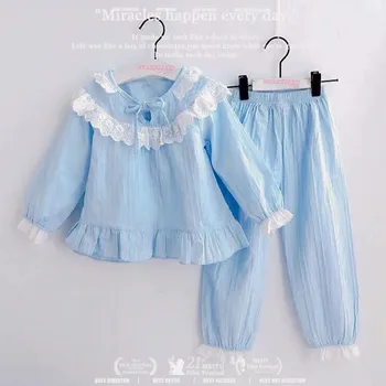 Чисто нов пролетно-есенен пижамный комплект за момичета, детски домашно облекло в стил сладка принцеса, ежедневни однотонная пижама с дълъг ръкав за момиченца