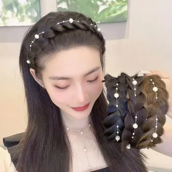 Широка периферия перлена превръзка на главата, скрученная от три нишки, Тъкане на широки ленти за коса с перли, дамски превръзка на главата си за перука