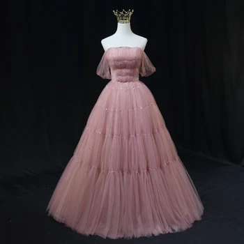 Sunnybridal Розова рокля за бала, Тюлевые Дълги рокли за абитуриентски бал, гънки с рамо, по-големи размери, Дамски официални рокли, Диференцирани вечерна рокля
