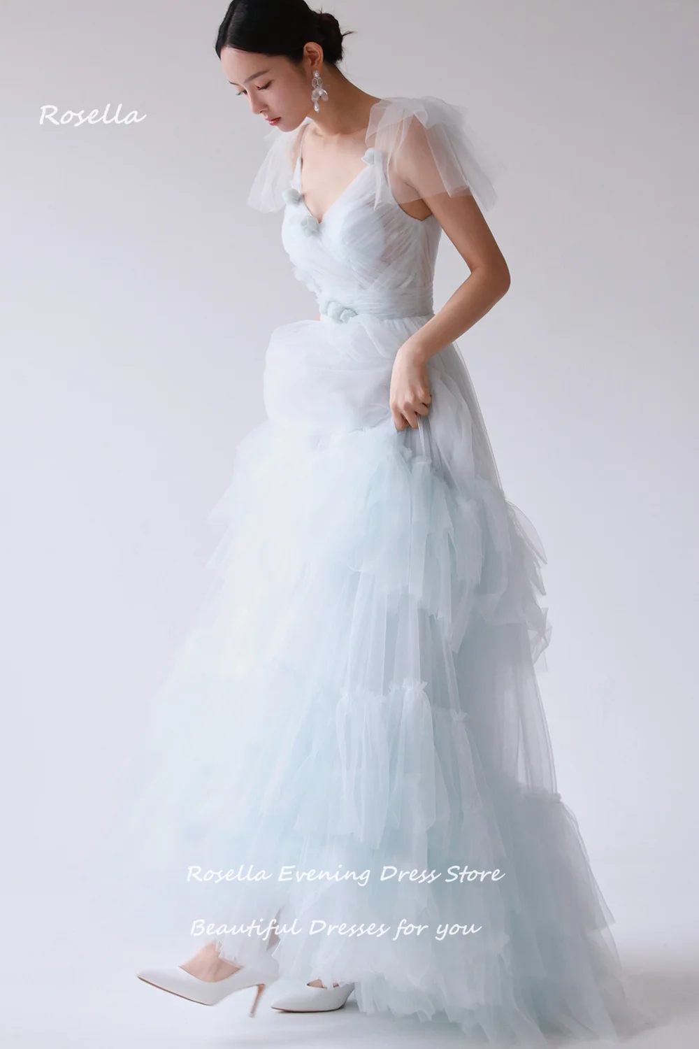 ROSELLA Фея Скай-сини рокли за спагети презрамки за бала Тюлевые на няколко Нива, рокли с дължина до пода, 3D Цветя в градината на Официално парти Бална рокля на Корейското
