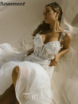 Илюзията за реално изображение, 3D апликация, Дантелени сватбени рокли на Русалка на спагети презрамки и без ръкави, Плажни рокли, шаферски Vestidos De Новия