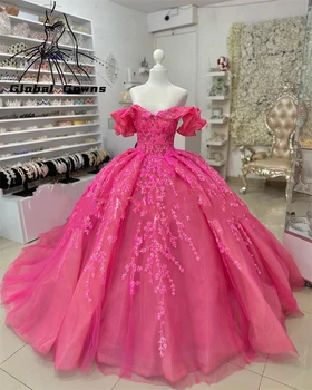 Розови Буйни рокли 2023 Priness Бална Рокля С Открити Рамене Рокли За Рожден Ден Апликация Къдри Вечерна Рокля За Бала Sweet 15 16